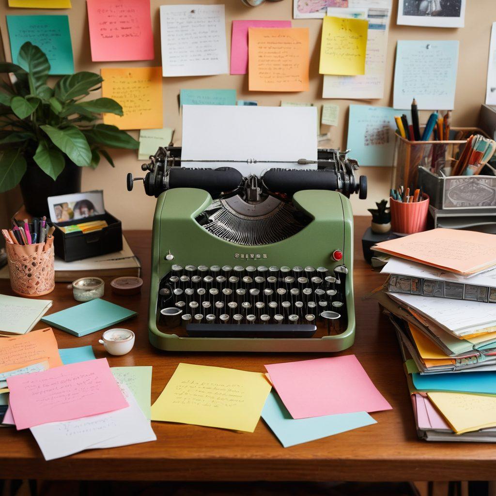 A creative workspace depicting an artist's desk filled with a vintage typewriter, scattered articles, and colorful sticky notes. In the background, portraits of influential thought leaders and personal bloggers in frames. A warm, inviting atmosphere with natural light illuminating the space. Super-realistic. Vibrant colors.