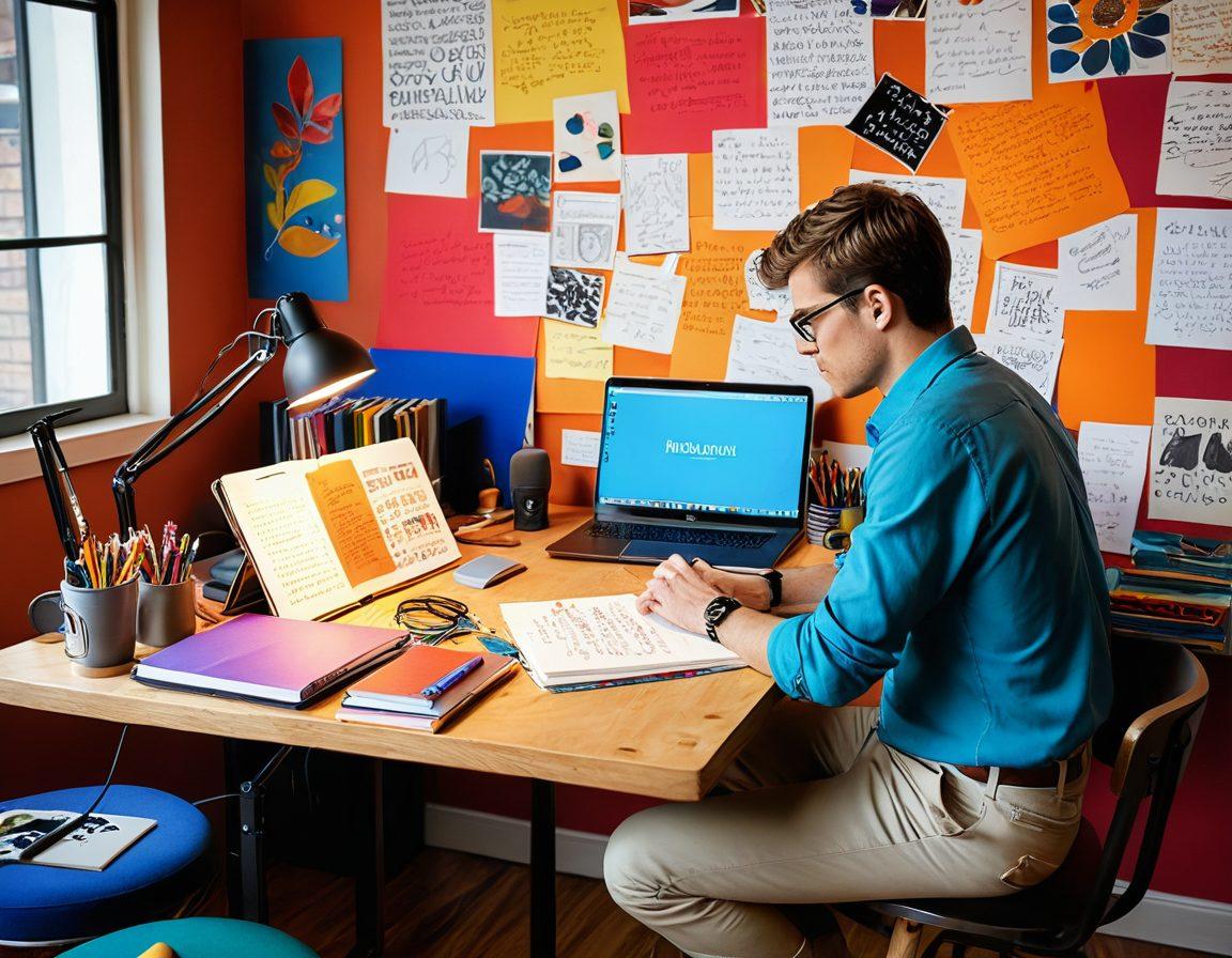 A person sitting at a colorful desk, typing passionately on a laptop, with floating words and ideas emanating from the screen, symbolizing creativity and expression. Surrounding them are artistic tools like sketchbooks, paintbrushes, and a microphone, creating an atmosphere of inspiration. Warm lighting enhances the inviting space, encouraging readers to find their own voice. vibrant colors. super-realistic. art studio ambiance.