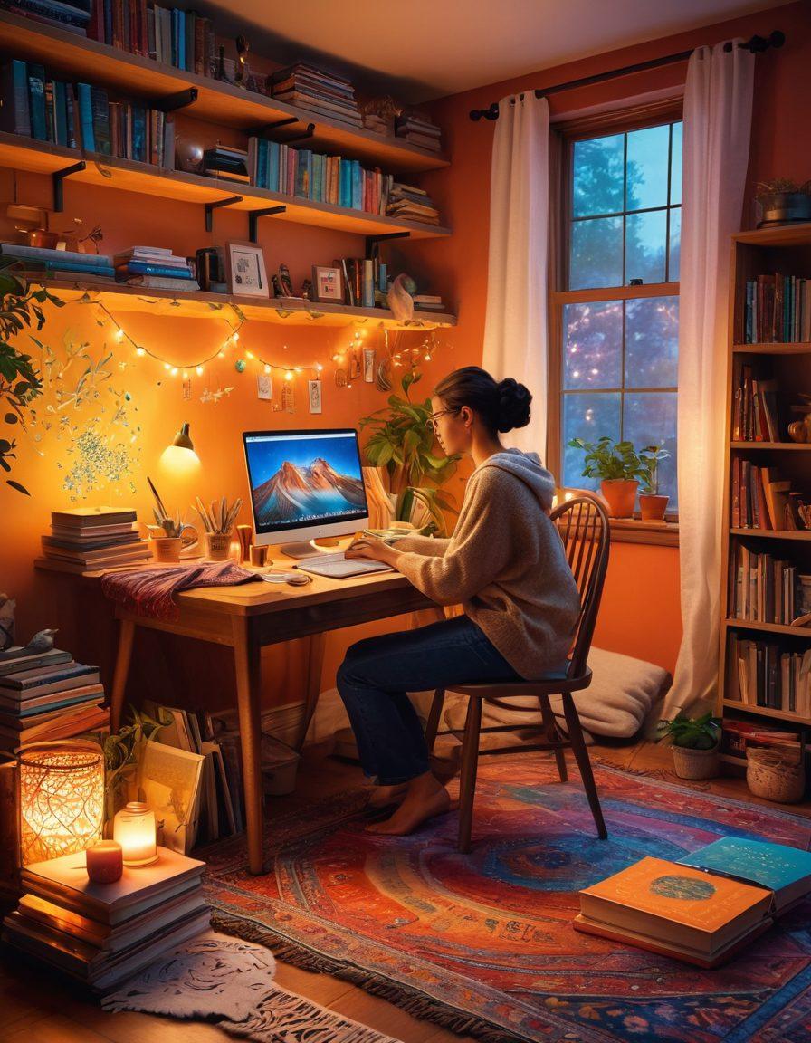 A captivating scene of a modern storyteller sitting at a cozy desk, surrounded by books and a glowing laptop, weaving a vibrant tapestry of digital content with colorful threads. The background features swirling illustrations of characters, social media icons, and words floating in the air, symbolizing diverse storytelling techniques coming to life. The lighting is warm and inviting, evoking creativity and engagement. super-realistic. vibrant colors. cozy atmosphere.